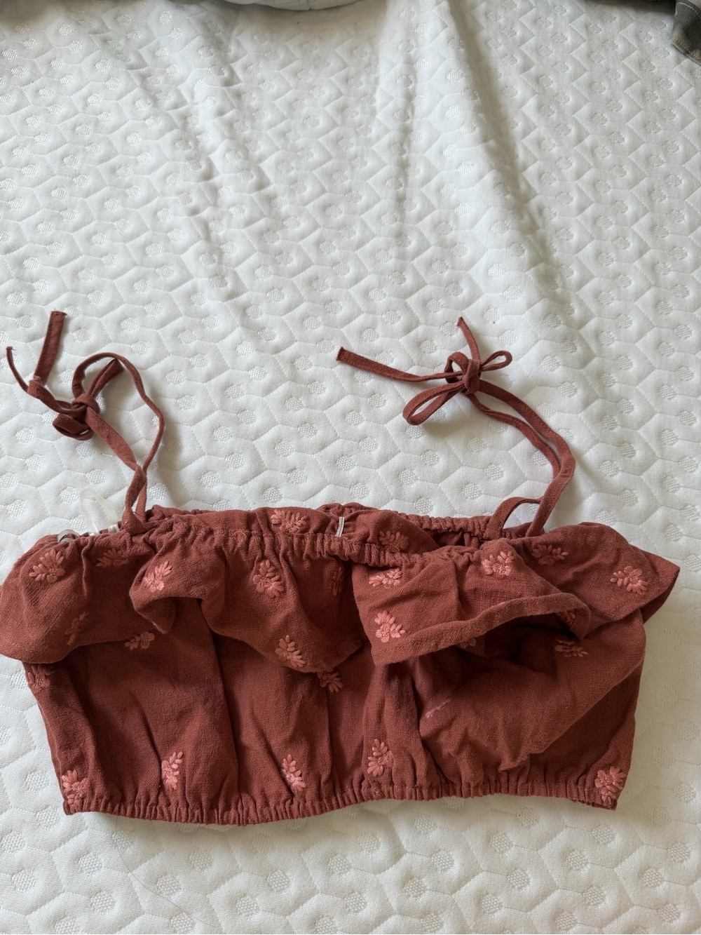 Rust Floral Ruffle Crop Top with Tie Straps 4sienn